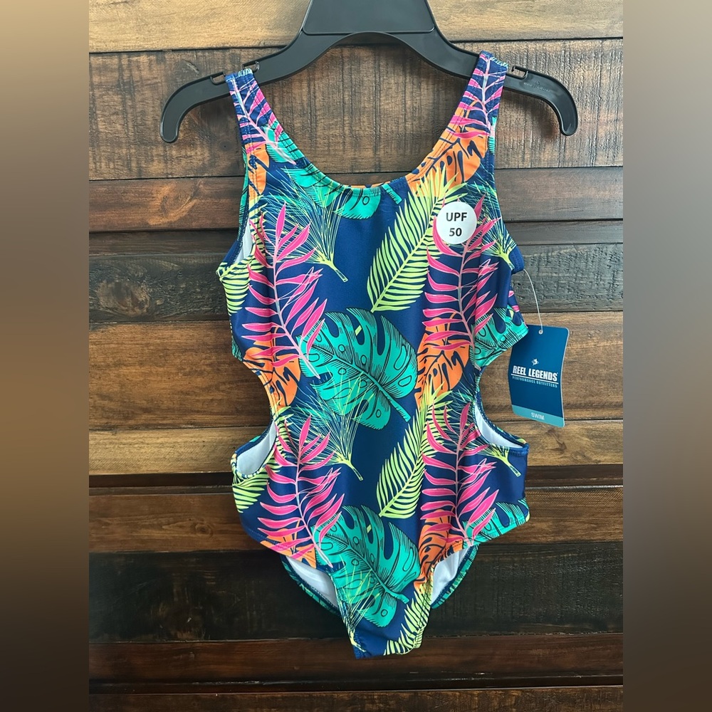 ✨NWT Girls Reel Legends Blue One Piece Swimwear with Tropical Print✨